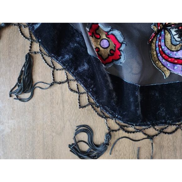 JBS LTD Vtg Kimono Velvet Burnout Beaded Fringe Silk Blend Artsy Whimsigoth S - Picture 8 of 8